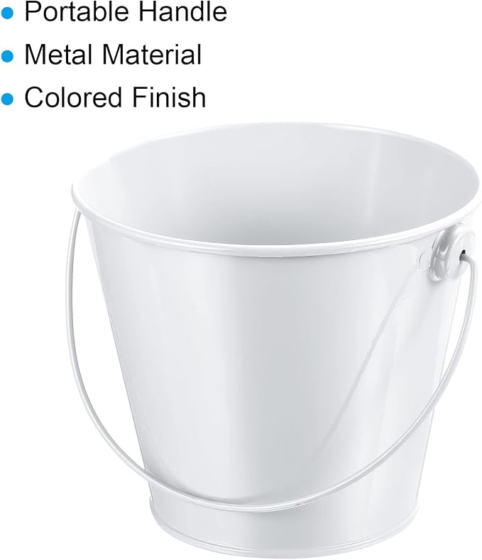 PATIKIL 4.7 Inch Colored Metal Buckets, 4 Pack Pencil Holder Buckets Round Metal Planter Pails Container with Handles for Classroom Crafts, White