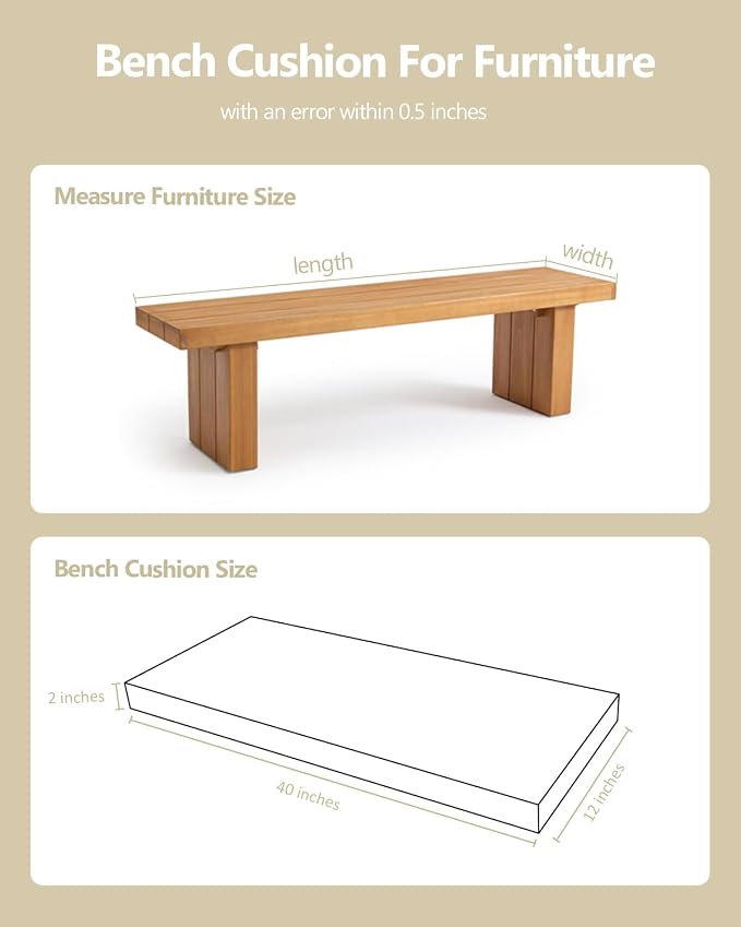 40x12x2 Outdoor Bench Cushion, Strengthen Waterproof Seat Cushions, High-Density Bench Pad with Anti-Slip Bottom, Outdoor Cushion for Patio Garden Swing Furniture - Beige