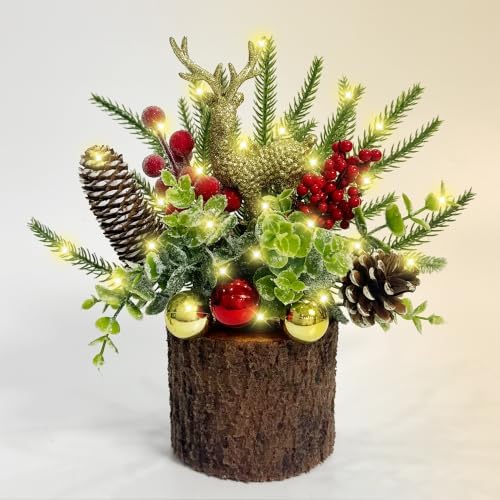 10 Inch Mini Artificial Christmas Tree, Christmas Tabletop Tree with DIY Wire Lights, Reindeer, Pine Cones, Red Berries and Ornaments, Small Christmas Tree for Table Desk Office Holiday Decor by MINDELF