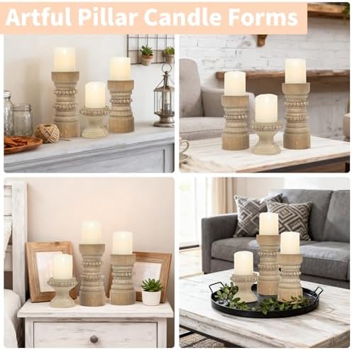 Rustic Natural Wood Candle Holders Set of 3, Farmhouse Beaded Wood Pillar Candle Holder, Candle Holders for Pillar Candles & Candlesticks, Candle Sticks Holder Decor for Table Centerpiece - Image 6