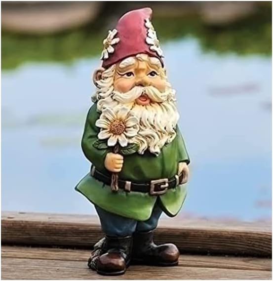 Giftware by Roman Inc., 12.25" H GNOME with Daisy Statue, Garden Collection, Outdoor Statue, Memorial, Resin Stone, Adorable Frogs and Flowers, Garden Décor (12x4x5)