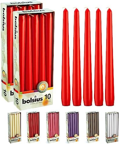BOLSIUS 20 Count Unscented 10 Inch Red Household Taper Candles - 8 Hours Burn Time - Premium European Quality - Smokeless Dripless Taper Candlestick - Great for Special Occasion, Church, and Everyday by BOLSIUS