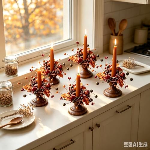 6 Pcs 1.38" Mini Fall Thanksgiving Taper Candle Rings Wreaths Small Artificial with Autumn Oak Leaves Acorns Berries Taper Candle Holder Wreath for Candlesticks Table Centerpieces Harvest Decor - Image 3