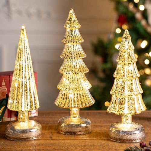3 Pcs Mercury Glass Christmas Tree Tabletop Christmas Tree with Light,12 in Silver GlassTrees Figurines with LED Lights Figurine for Mantel Centerpieces,Christmas Glass Tree Ornaments (Champagne Gold) by Unknown
