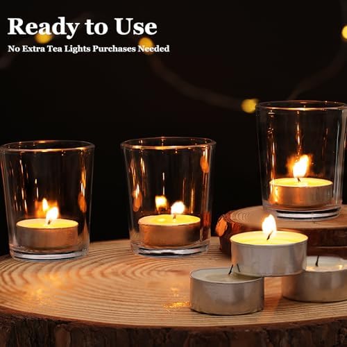 Letine 12-Pack Unscented Tea Light Candles & Glass Votive Holder, Clear - Image 4