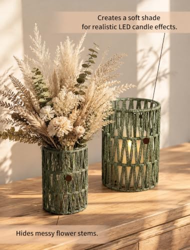 NUPTIO Rattan Hurricane Candle Holders: Set of 2 Boho Lanterns for Pillars - Image 5