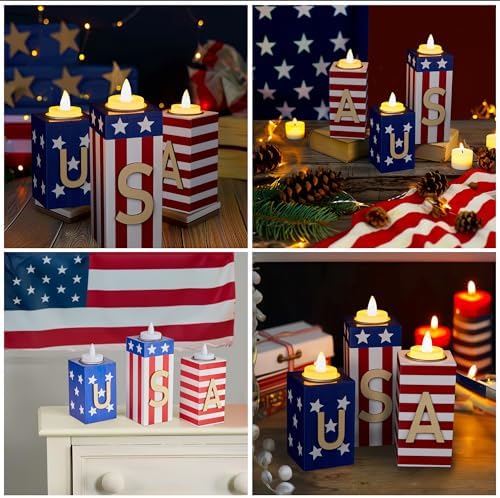 BlcTec 4th of July Decorations, 3 PCS Patriotic Wood Candle Holders with Tea Lights, Rustic Farmhouse Centerpieces for Home, Tiered Tray, Tabletop, Mantel, Office, Porch, Memorial Day, July 4th Décor - Image 6