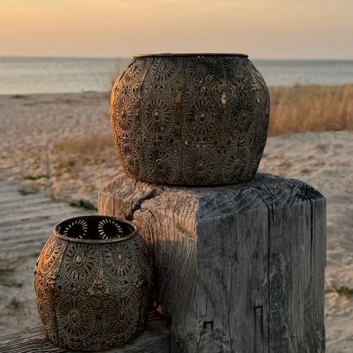 2 Piece Daisy Hurricane Lantern Set, Distressed Gold - Image 3