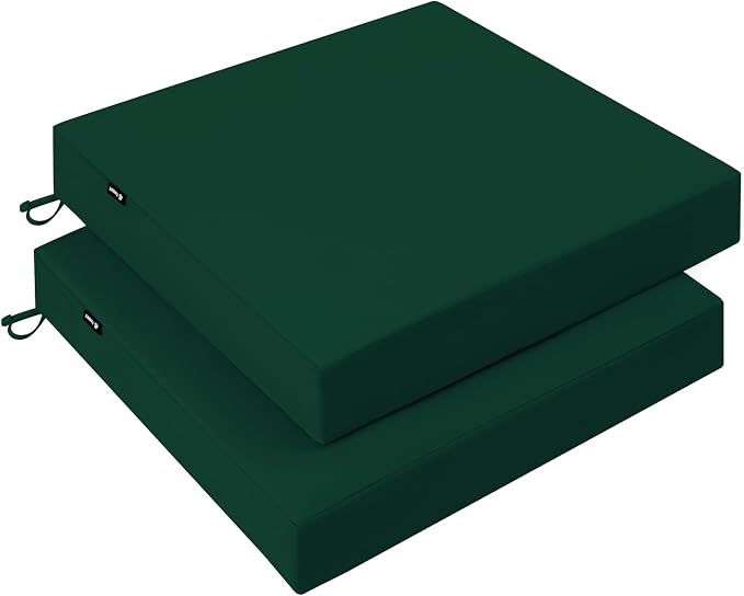 Favoyard Patio Chair Square Cushions Set of 2, Green, 19 x 19 x 3 inches | 5-Year Fade-resistant & Water-resistant Memory Foam Pad with Removable Cover & Ties for Outdoor Furniture Dining Chairs Seat