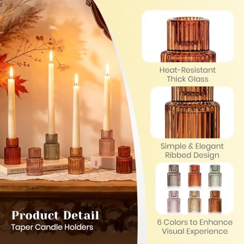 Hewory 6pcs Vintage Colors Glass Taper Candle Holders for Table Centerpiece - Image 6