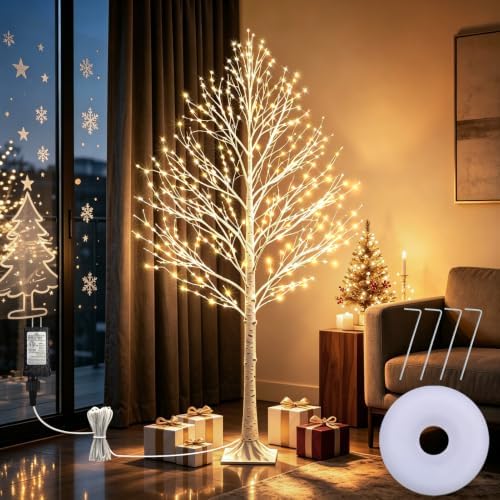 5FT Lighted Birch Tree, Warm White LED Faux Tree for Home Decor by FLVOECN