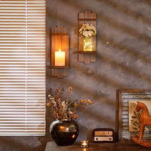 Wall Candle Holder Decor Set of 2 for Fireplace, Light Brown - Image 2
