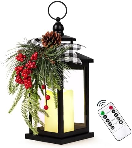 Metal Christmas Vintage Candle Lanterns with Remote Control and Led Light, Plaid Ribbon Decorative Hanging Lantern for Indoor Outdoor Porch Decorations Party Gift,WOKEISE by WOKEISE