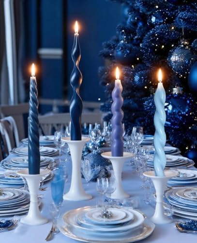4 Pcs Navy & Light Blue Taper Candles, 7.87in Spiral Twisted Candlesticks - Image 3