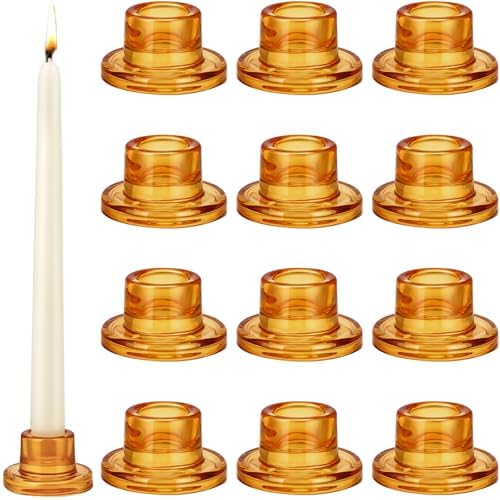 12 PCS Glass Taper Candle Holders Bulk Candlestick Holders Clear Short Tapered Candle Stick Holder Decor Set for Table Centerpiece Wedding Party Advent Christmas Home Decorations (12, Amber) by Mkhaslri