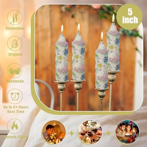 5 inch Short Candle Floral Candle Sticks Printed Candlestick Handmade Unscented Taper Candle 4 Pack Beautiful Flower Tapered Candles for Home Dinner Wedding Holiday - Image 3