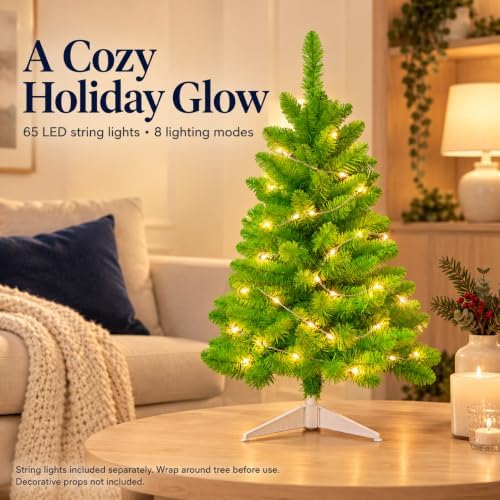 3FT Artificial Christmas Tree with String Lights – Tabletop Small Xmas Tree for Desk, Office, or Small Spaces – Full Branches, Easy Assembly, Holiday Decoration (Apple Green) - Image 3