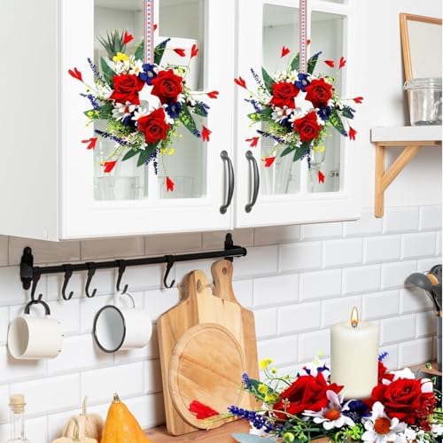 6 Pcs Patriotic Candle Ring Red, White and Blue Floral Veterans Day Wreath for Cabinets Mini Patriotic American Wreath 4th of July Independence Day Rings Wreaths for Pillars Table Window Door Decor - Image 6