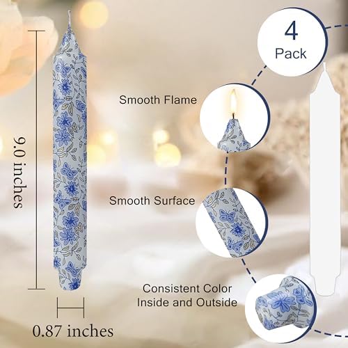 Flowers Printed Candle Taper Candles 9 inch - 4 Pack Blue and White Porcelain Candle Dripless, Smokeless, Unscented Tall Candlesticks - Perfect for Home Decor, Weddings, and Special Occasions - Image 2