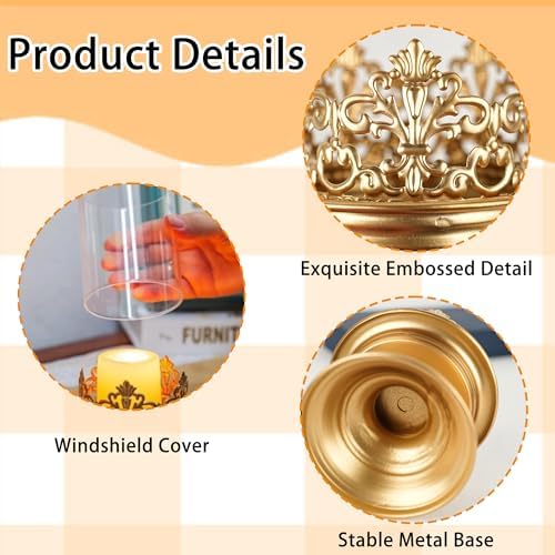 2 PCS Hurricane Candle Holder with Glass Sleeve, Gothic Metal Vintage Candle Holders, Large Table Centerpieces Candle Stand for Weddings and Events, Gold, L+L - Image 3
