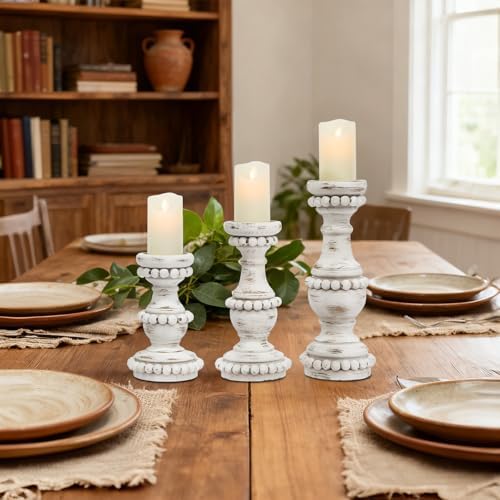 Farmhouse Large Candle Holders for Pillar Candles, Rustic Wooden Beaded Candle Holder, Perfect for Table Centerpieces, Coffee Table or Fireplace Mantel, 3 Piece Set (White) - Image 6