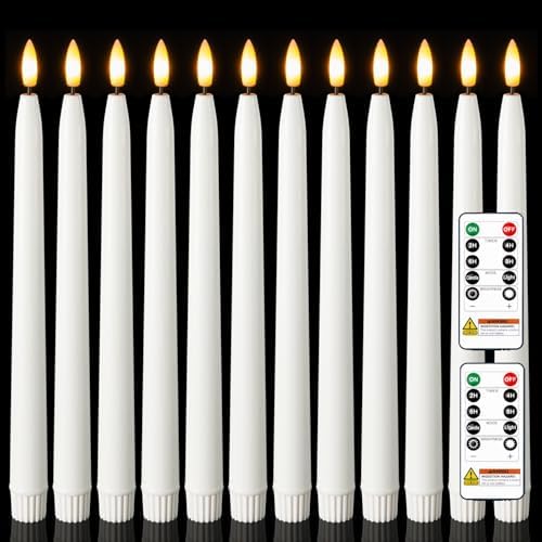Homemory 11 inches Waxy Flameless Taper Candles with Remote Timer Dimmer, 12 Pcs Battery Operated Taper Candles with Flickering Flame, White LED Candlesticks for Wedding, Christmas Indoor Decoration by Homemory
