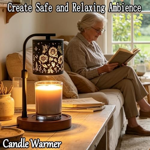 Candle Warmer Lamp,Candle Warmer,Wax Melt Warmer,Birthday Gifts for Women Mom Friend Sister, House Warming Gifts,Candle Holders for Home Decor,Wooden Base，with 2 Bulbs(Sunflower Butterfly) - Image 4