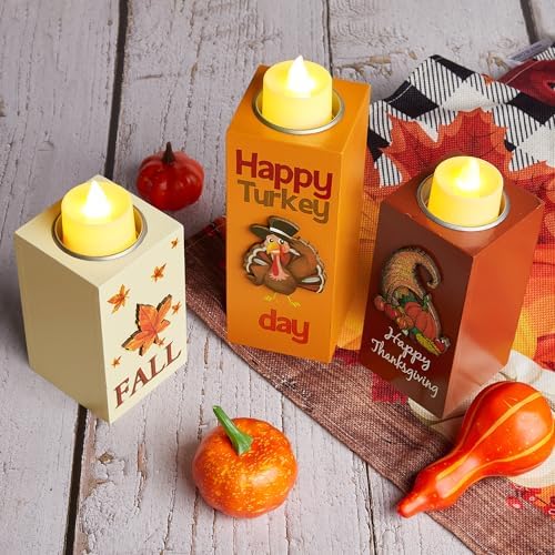 BlcTec Thanksgiving Decorations for Home 3 PCS Wood Candle Holders with LED Tea Lights & 3D Carving Craft, Rustic Candle Centerpieces for Home, Table, Office, Tiered Tray Fall Decor Thanksgiving Decor - Image 2