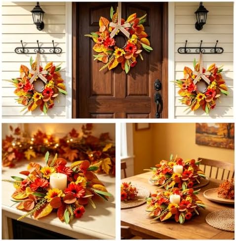 6 PCS Fall Candle Ring Wreaths Artificial Fall Daisy Sunflower Autumn Floar Candle Holder Rings with Maple Leaves Eucalyptus Mini Thanksgiving Wreath for Cabinets Farmhouse Table Centerpiece Decor - Image 5