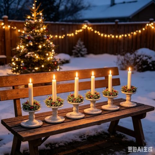 6 Pcs 1.38" Mini Christmas Taper Candle Rings Wreaths Small Artificial with Variegated Holly Leaves Red Berries White Cedar Sprigs Frosted Baby Breath Taper Candle Holder Wreath for Table Candlesticks - Image 6