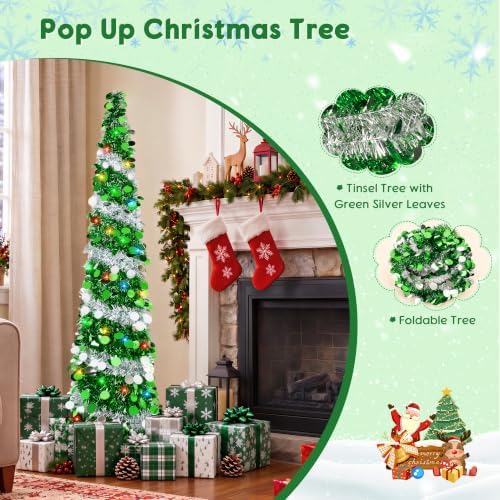 5FT Pop Up Christmas Tree with 90 LED Lights, Collapsible Artificial Pencil Christmas Tree, Tinsel Skinny Christmas Trees for Home Apartment Porch Indoor Outdoor Holiday Decorations - Image 2