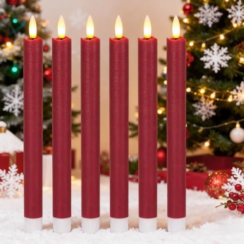 Christmas Red Flameless Taper Candles Flickering with 6H Timer by Lasumora