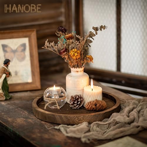 Hanobe Candle Plate Holder Tray: Decorative Wooden Tray Rustic Round Plate Farmhouse Centerpiece Small Candle Holder Trays for Coffee Table Living Room Kitchen Vintage Home Decor - Image 2