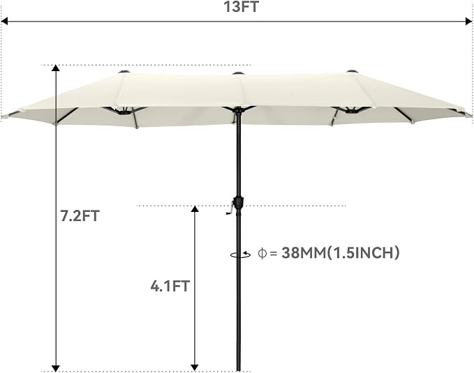 GREEN PARTY 13ft Rectangle Patio Umbrella, Double Sided Outdoor Table Umbrella with Crank & 1.5" Pole, Large Market Umbrella for Poolside Garden Deck Backyard, Ivory