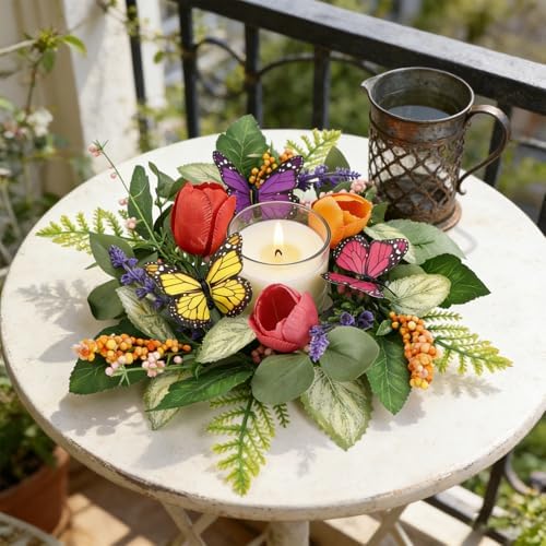 4 PCS Summer Lavender Tulips Candle Rings Wreaths Artificial Floral Pillar Candle Holder Wreaths with Butterfly Mini Spring Summer Candle Rings for Table Centerpiece Home Farmhouse Cabinet Porch Decor - Image 2