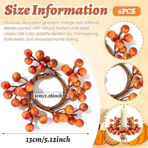 6 PCS Fall Taper Candle Rings Wreaths 1.38" Mini Thanksgiving Taper Candle Holder Wreaths with Orange Berries Autumn Harvest Table Centerpieces Wreath for Wedding Farmhouse Home Candlesticks Decor - Image 3