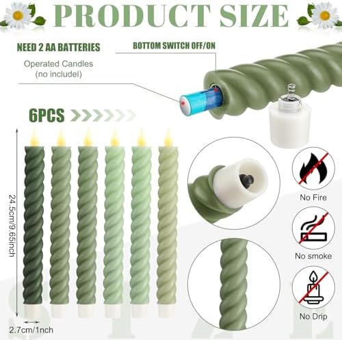 Baquler 6 Pcs Sage Green Flameless Taper Candle Twisted LED 9.65 Inch Taper Candles Battery Operated Twisted Candlesticks for Summer Wedding Birthday Home Party Holiday Dinner Fireplace Decor - Image 2