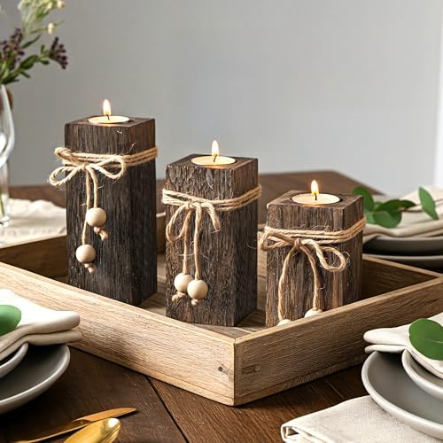 Rustic Wood Candle Holders with Battery Operated Candles Farmhouse Decor 3P - Image 7
