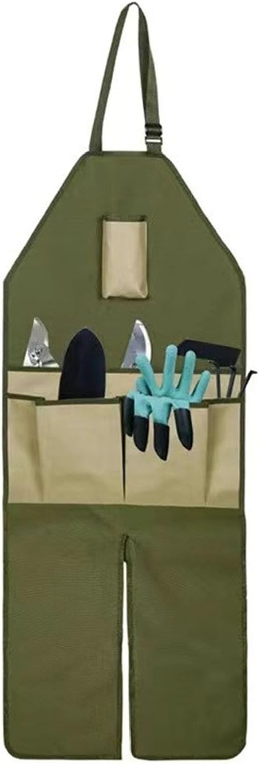 Apron for Long Gardening, Gardening Apron with Adjustable Leg Protector, Six Pockets 600D Oxford Cloth Water Proof for Garden Outdoor Work, Lawn Care, Pruning (Green with Khaki Pockets)