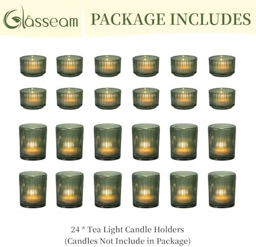 Glasseam Glass Tealight Candle Holders 24 Green Ribbed Votive for Christmas - Image 6