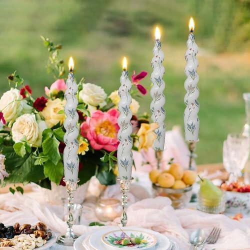 Spiral Print Taper Candles-Mixed Floral Print Unscented Candle 7.5Inch Flower Short Tapered Candlestick for Family Gatherings Weddings Restaurant Holiday Decorations Set of 4 - Image 4