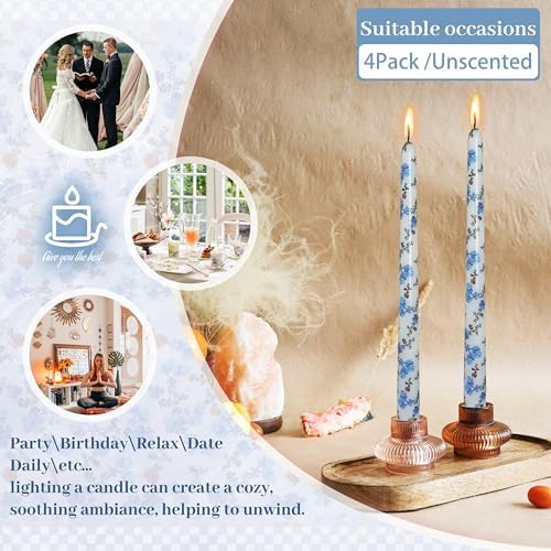 Print Taper Candles-Blue Floral Blend Pattern Unscented Candle Long 10-inch Flower Tapered Candlesticks for Family Gatherings Weddings Restaurant Holiday Decorations Set of 4 - Image 3