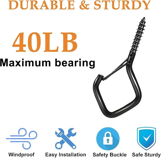 52-Pack Heavy-Duty Black Screw Eye Hooks with Safety Clips | Metal Ceiling Hooks for Hanging Plants, Wind Chimes, Bird Feeders & Indoor/Outdoor Lights