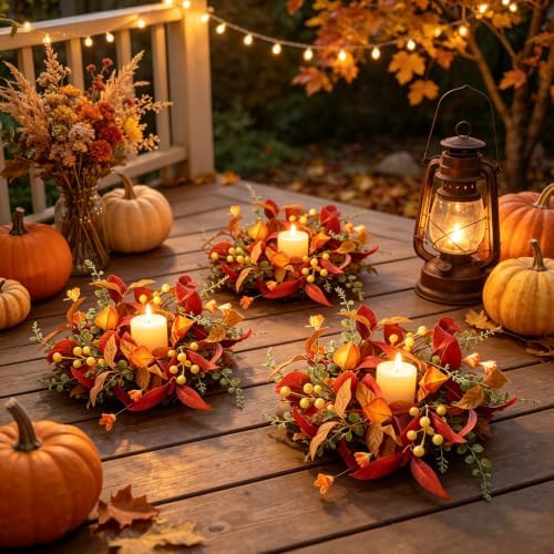 6 PCS Fall Candle Ring Wreaths Artificial Autumn Candle Holder Wreath - Image 2