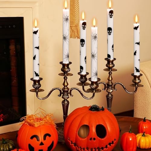 Wondise Halloween Flameless Taper Candles with Remote & Timer, Battery Operated with Spider Web, Bats, Skull, Real Wax 3D Wick LED Candles for Halloween Decorations - Image 5