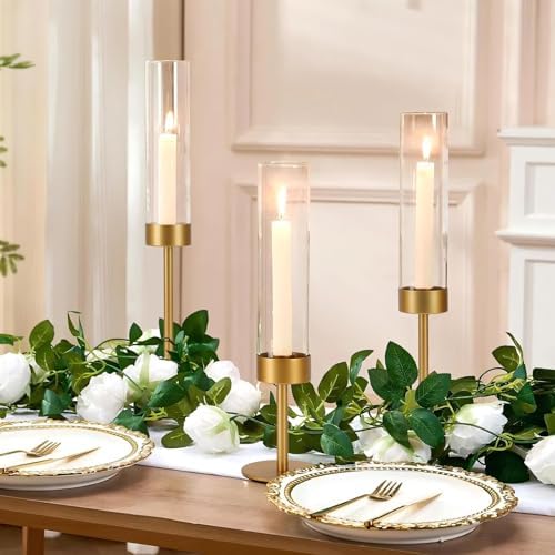 Set of 18 Glass Hurricane Candle Holders Gold Metal Base Taper - Image 7