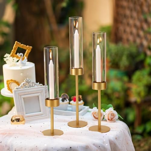 Set of 18 Glass Hurricane Candle Holders Gold Metal Base Taper - Image 6