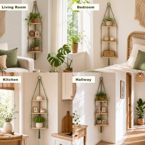Artilady Corner Shelf Macrame Wall Hanging, Adjust Boho Storage Art, 3 Tier - Image 5