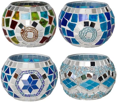 4PCS Mosaic Tealight Candle Holder Set - Blue Mediterranean Glass Votive Candle Holder for Summer Ocean Decor & Diwali Decorationr & Diwali Gift by SHMILMH