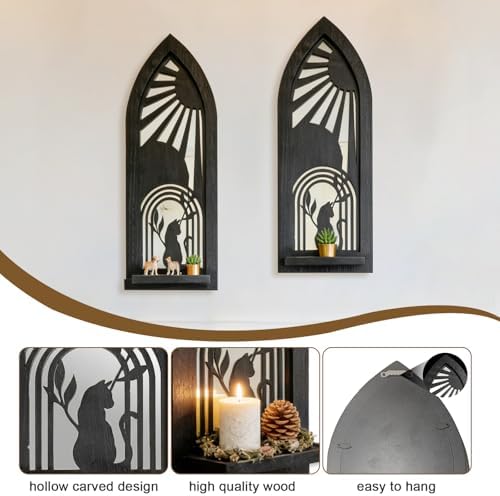 ZEXUIRU 2 Set Rustic Candle Sconces Living Room Bedroom Entryway Wood Mirrored, Farmhouse, Carved Frame Wall-Mount Wooden Candle Holders Wall Decor Hanging Handmade Holder - Black - Image 7